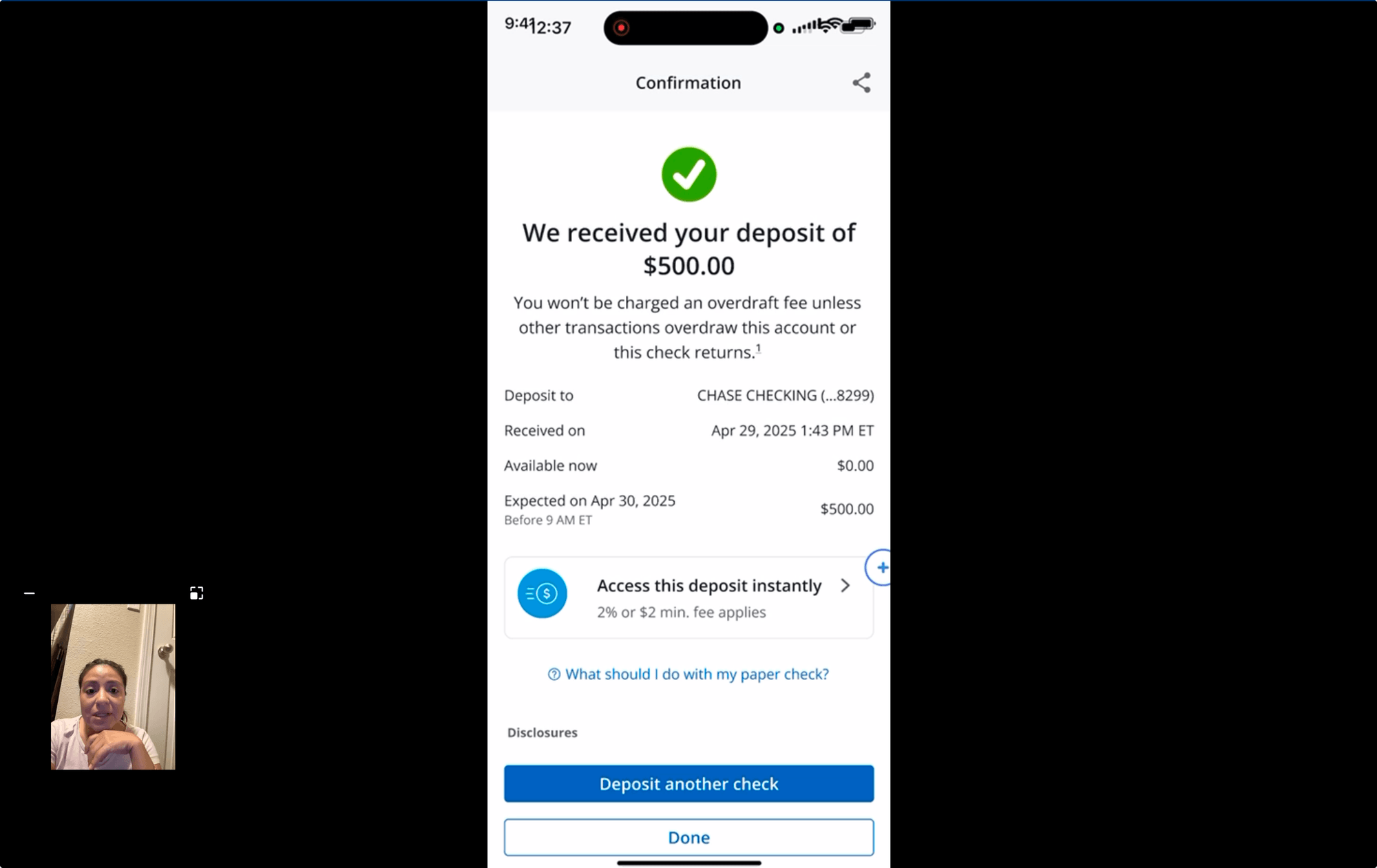 Phase three usability session — deposit confirmation screen with overdraft messaging