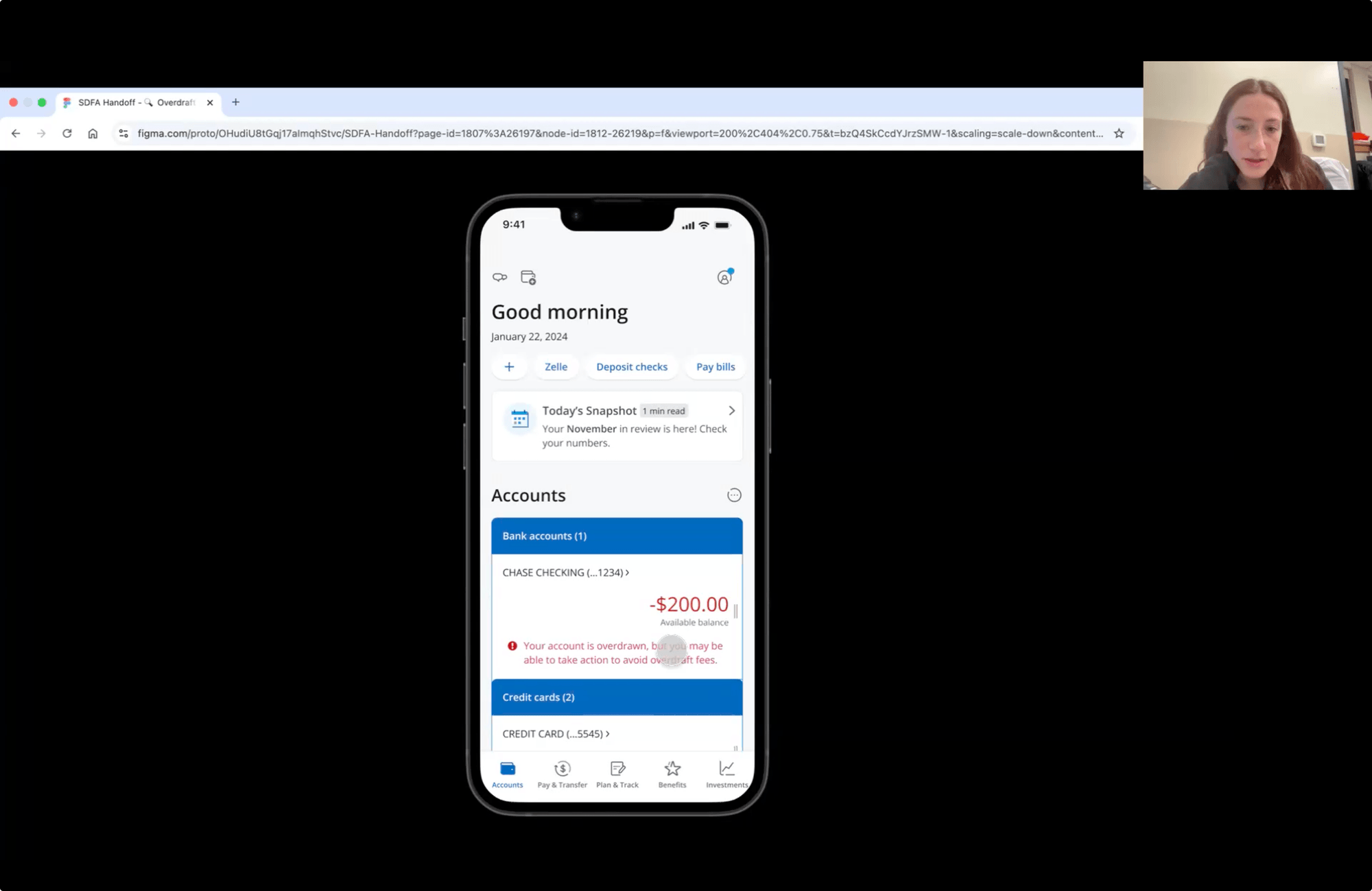 Phase two usability session — overdrawn account home screen