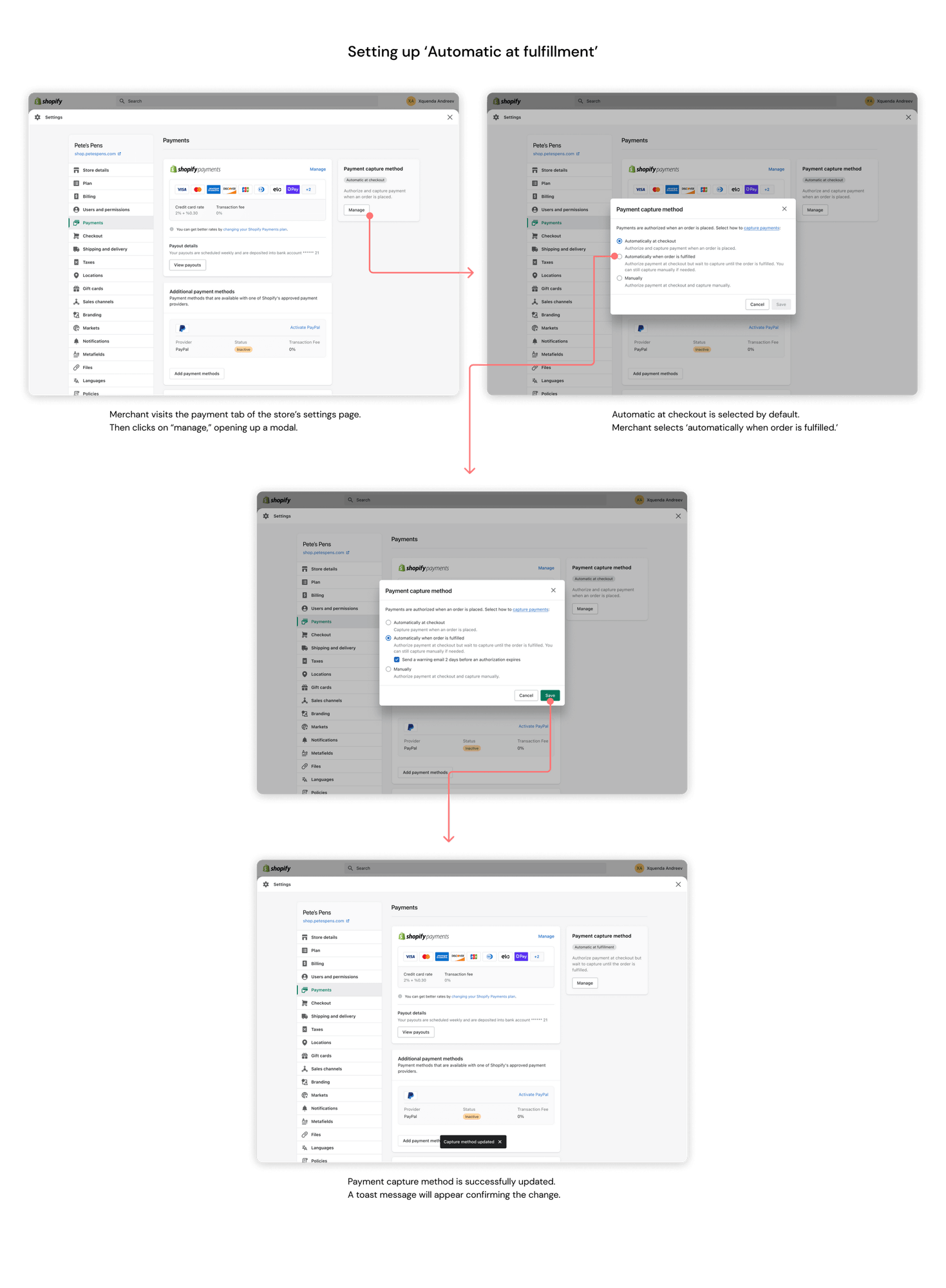 Flow: setting up 'Automatic at fulfillment' — merchant opens the payment settings modal, selects 'automatically when order is fulfilled', and saves, confirmed by a toast