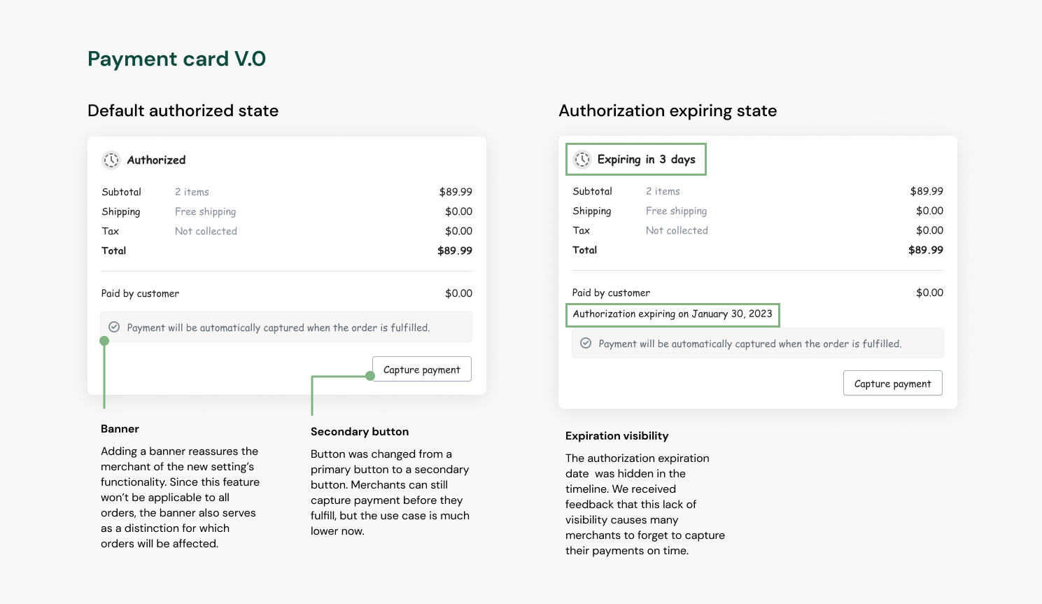 Payment card V.0 Figma mockup showing default authorized and authorization-expiring states with annotations