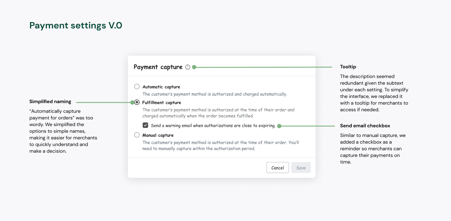 Payment settings V.0 Figma mockup with annotations for simplified naming, tooltip, and a send-email checkbox